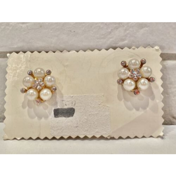 Antique Gold Tone Clear Rhinestones Pearl Deco  Stud Post Earrings‎ Snow Star - Picture 1 of 5